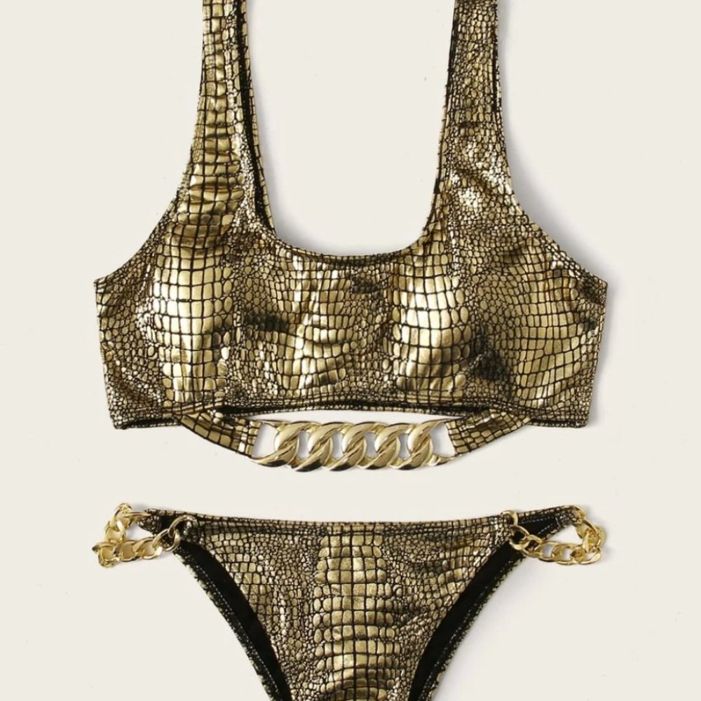  Crocodile Print Metallic Chain Bikini - BRAND NEW